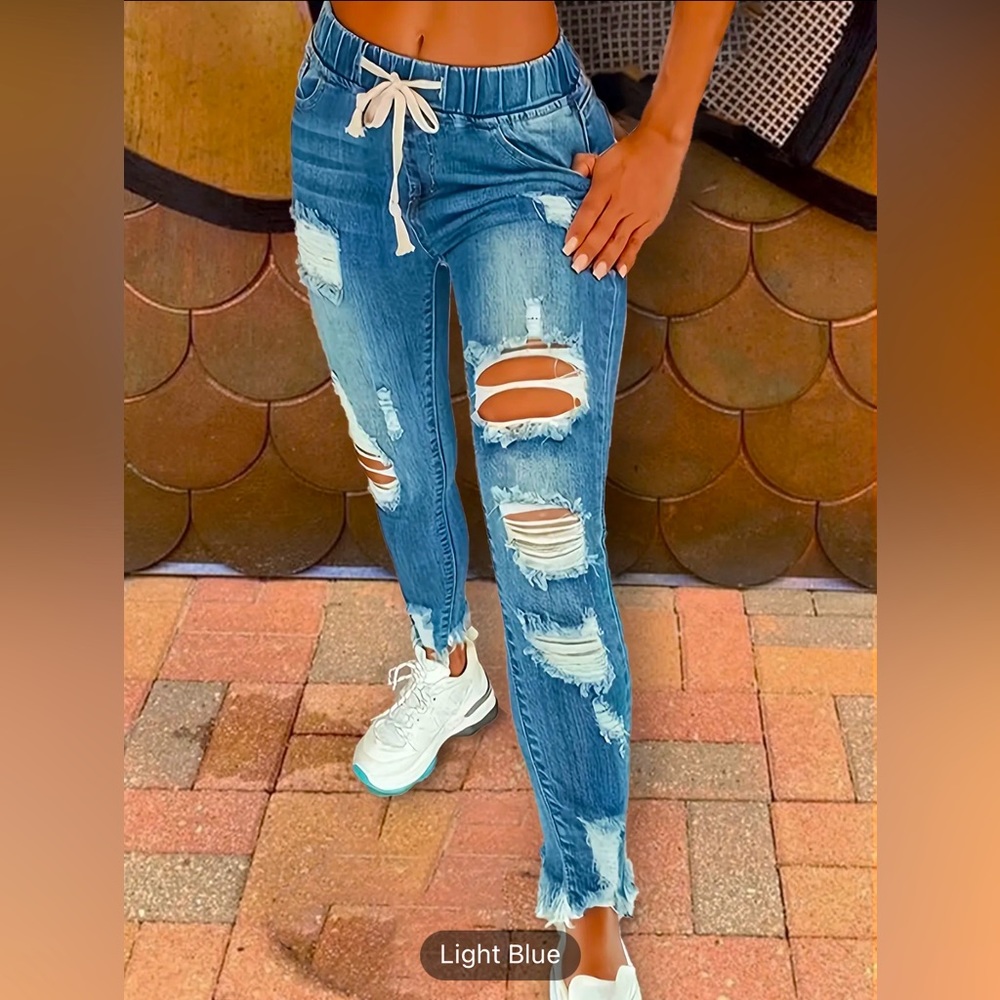 Raw Hem Ripped Mom Jeans, Elastic Waistband Distressed Women's Jeans